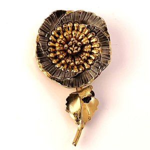 Gold and Silver Tone Carnation Brooch Etched Vintage Pin